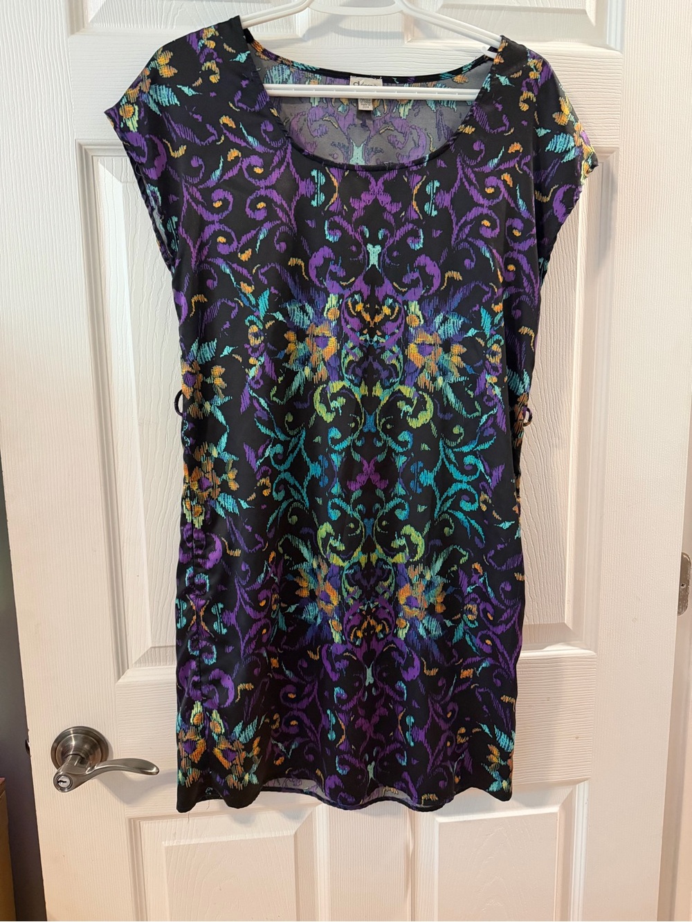 Dynamite Black Scoop-Neck Tunic with Purple, Teal & Gold Floral Motif